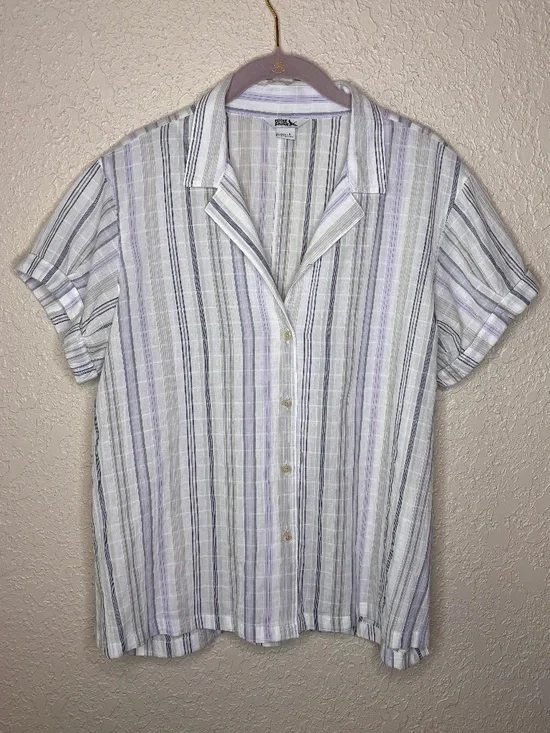 Eddie Bauer White Blue Gray Striped Short Sleeve Camp Top Women's Size L - Picture 1 of 10